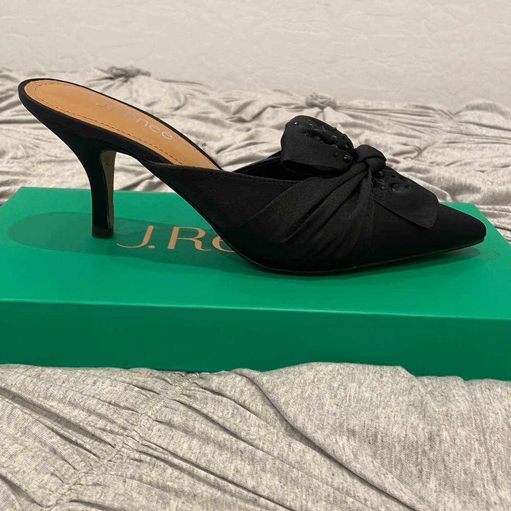 Never worn J.Renee black satin heels with bow, embellishment, and pointed toe